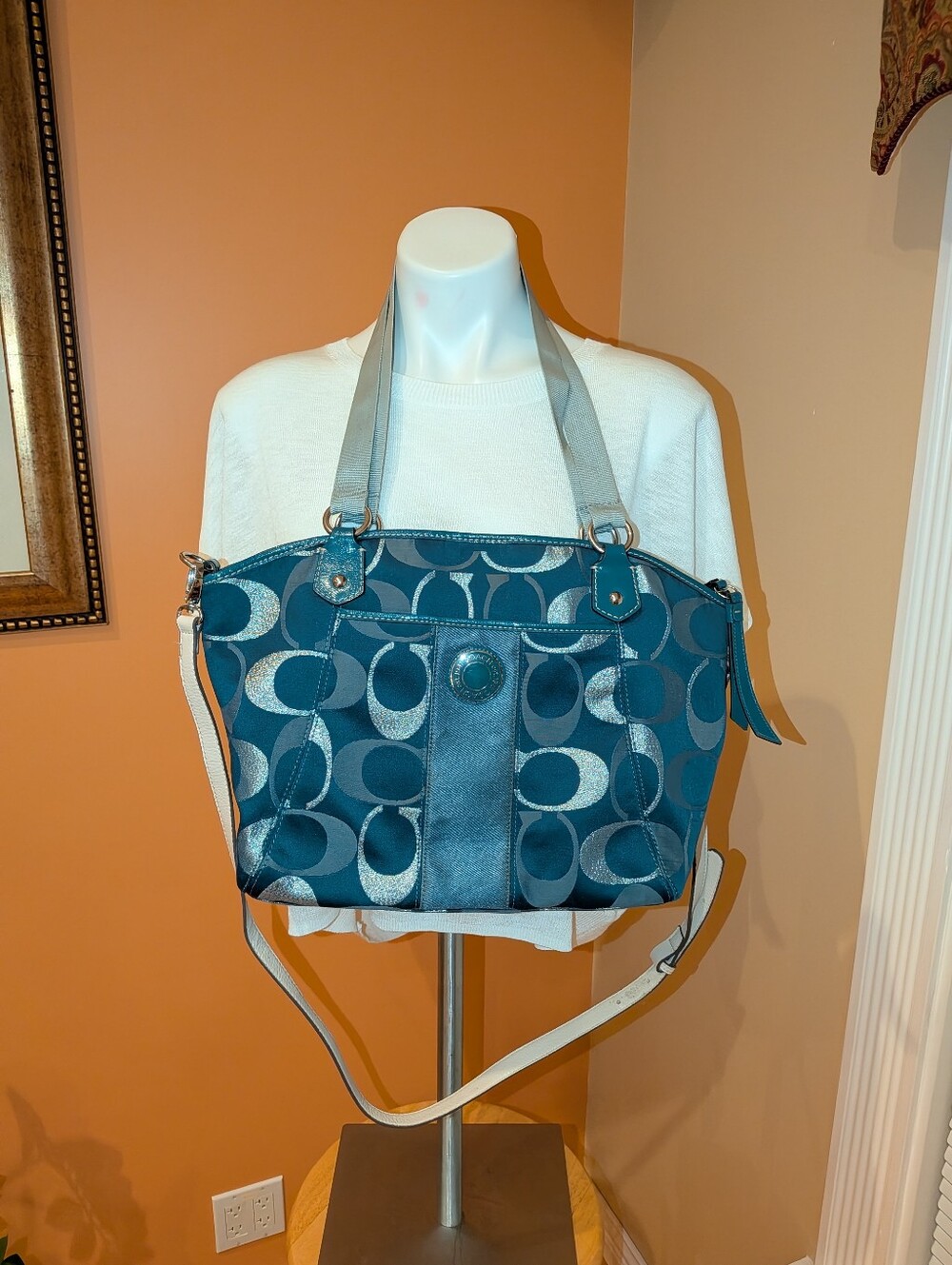 Coach Women's Teal Signature Pattern Tote Bag -